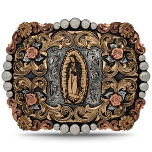 A custom belt buckle for women featuring La Virgen de Guadalupe figure with copper roses and golden bronze scrolls